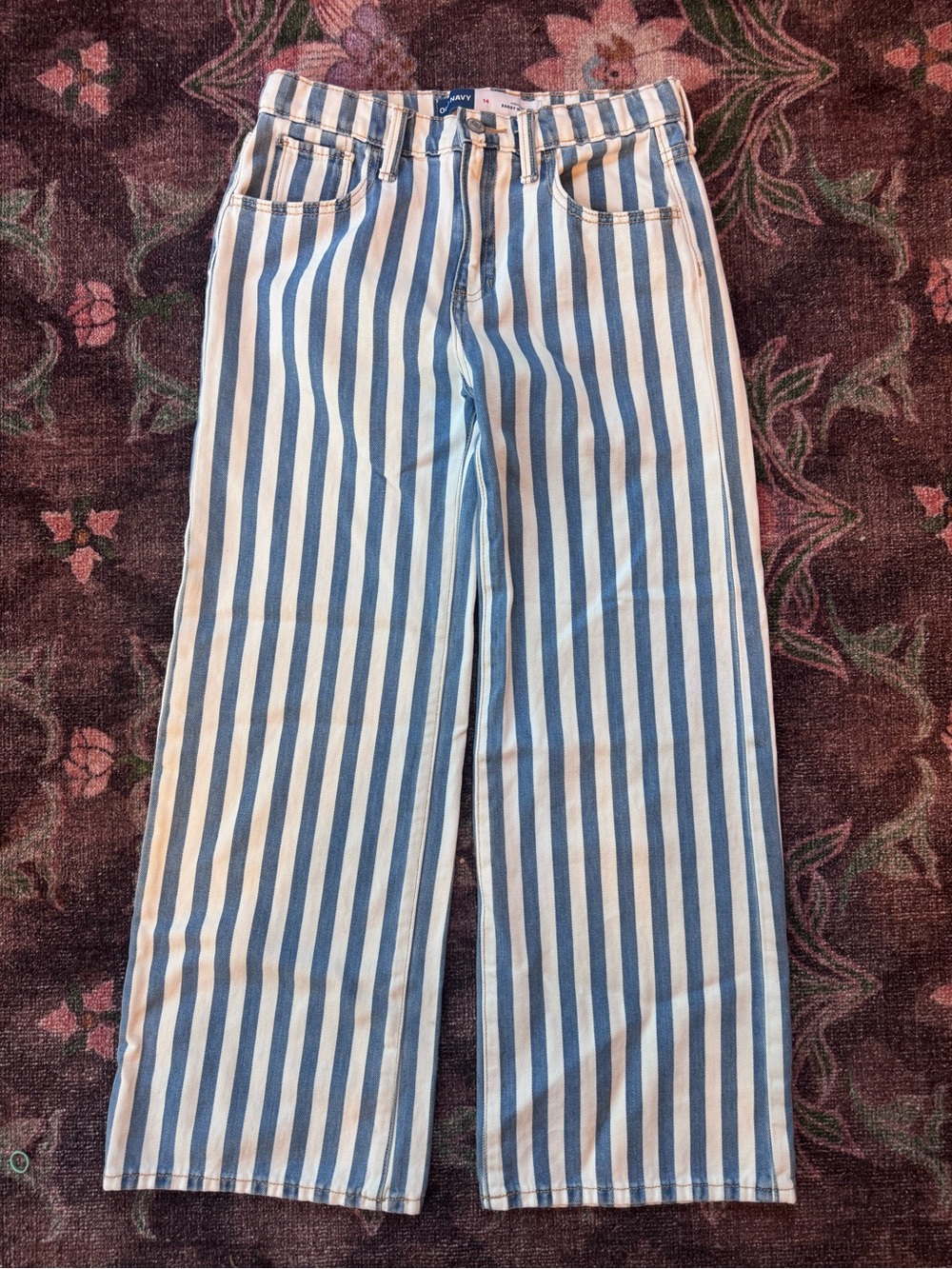 Old Navy Girl’s lStriped Blue and White Jeans High-Rise Baggy Wide Leg - 14
